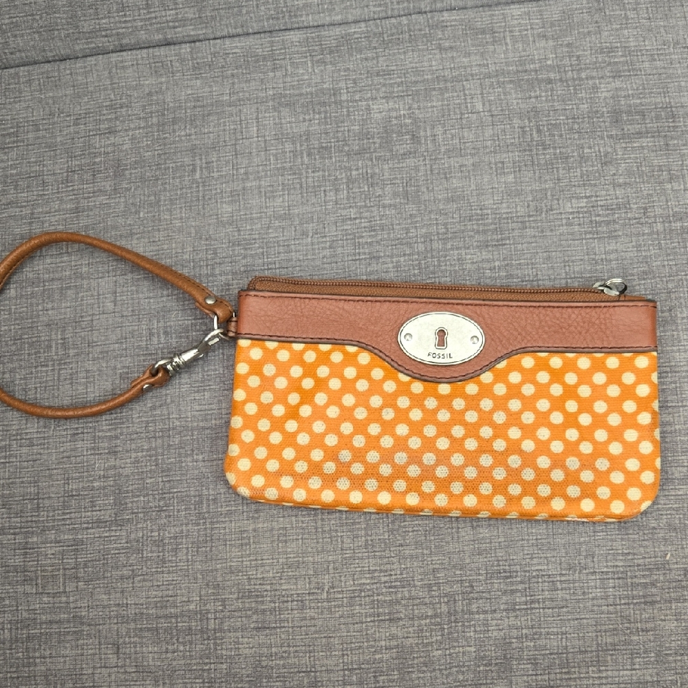 Fossil Orange and Brown Polka Dot Wristlet